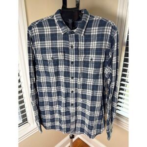 Grayers Clothiers Mens XL Flannel Shirt Navy Blue White Plaid Cotton Button Down